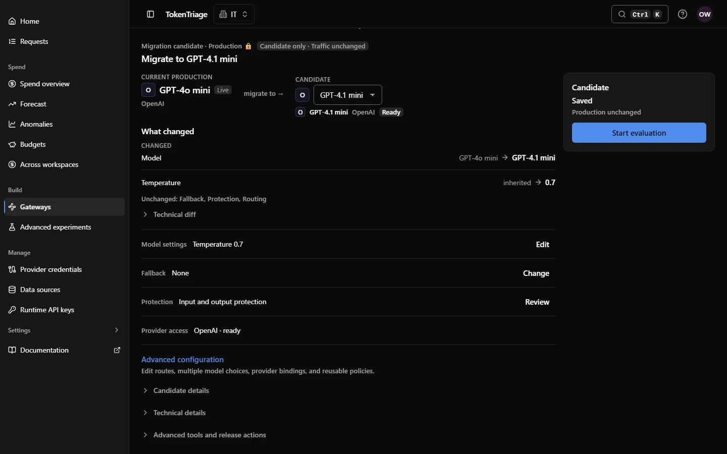 Candidate review clearly separates the saved change from live Production.