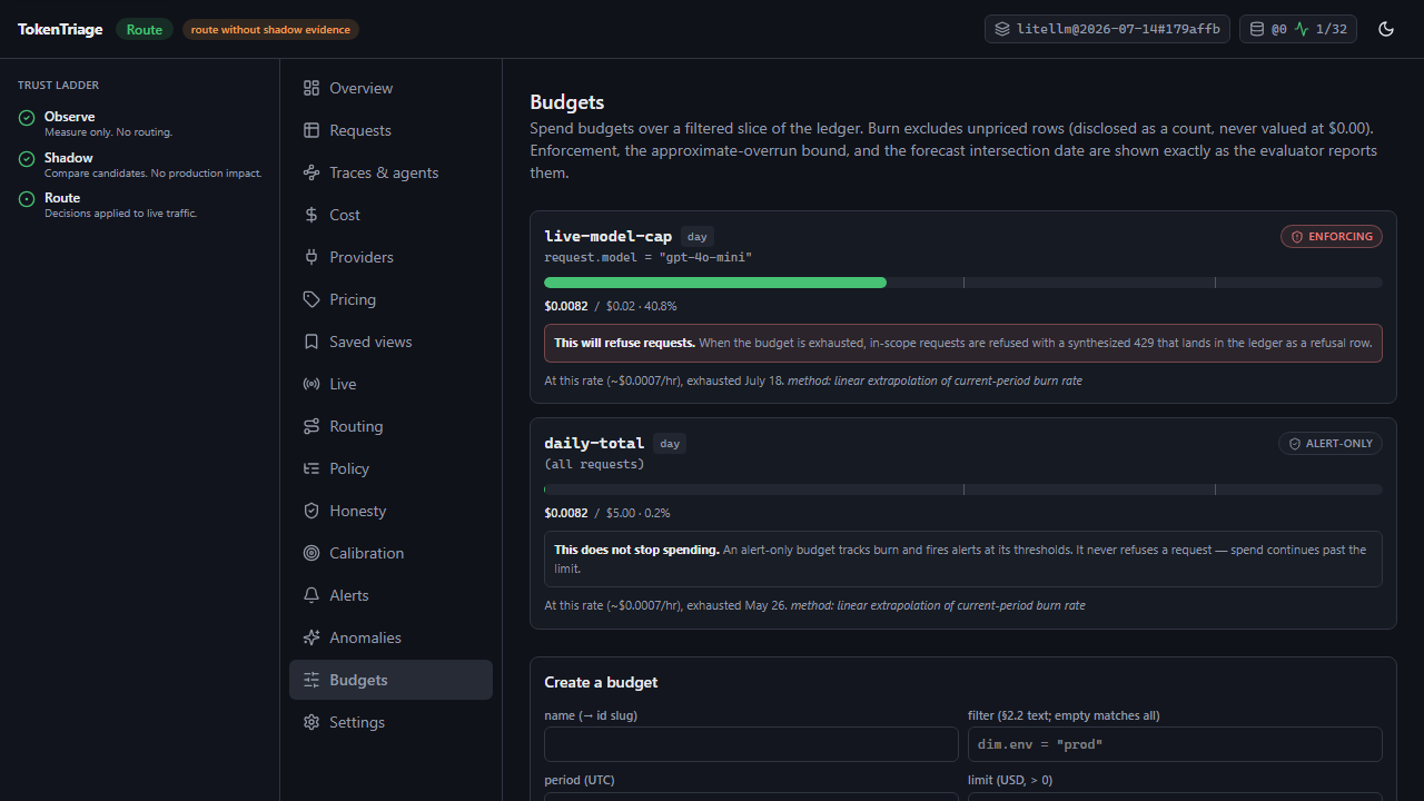 Budgets in demo mode: the enforcing vs alert-only posture, burn fraction, and the disclosed approximate-overrun bound.