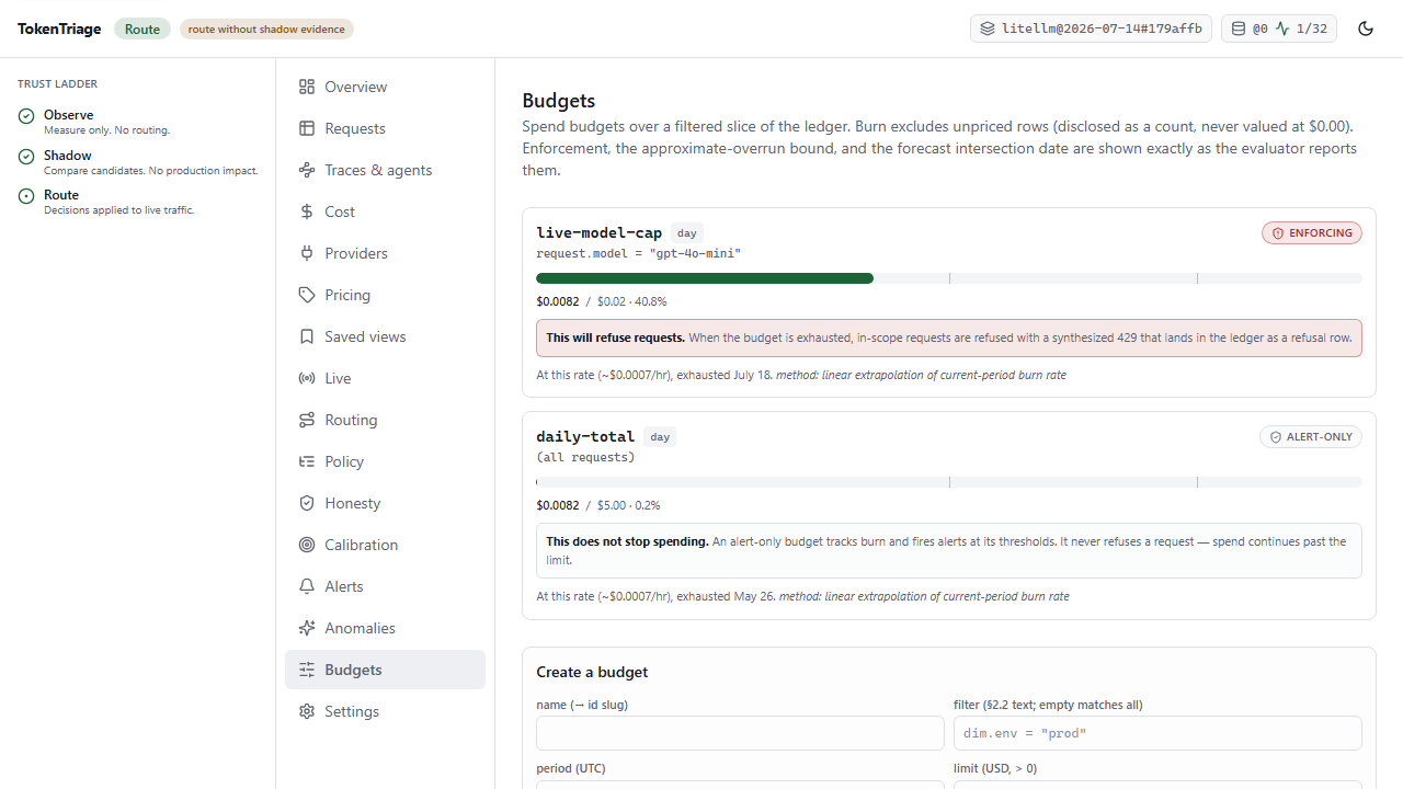 Budgets in demo mode: the enforcing vs alert-only posture, burn fraction, and the disclosed approximate-overrun bound.