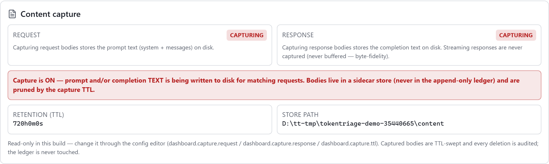 The content-capture panel in Settings. Request and response each show a CAPTURING badge with a sentence describing what is stored, and a bold red banner reads: capture is ON, prompt and or completion text is being written to disk for matching requests, bodies live in a sidecar store, never in the append-only ledger, and are pruned by the capture TTL. Below, the retention TTL reads 720h and the store path is shown.