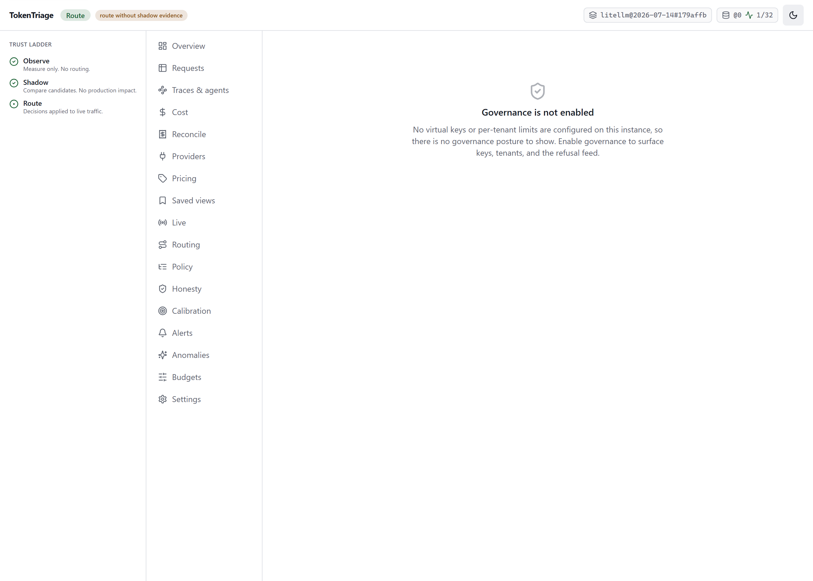 Governance tenant view showing an org/team/key hierarchy with per-node limits and budgets.