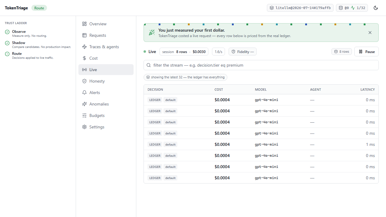 The Live feed: costed decision rows streaming in over SSE, each with provenance.