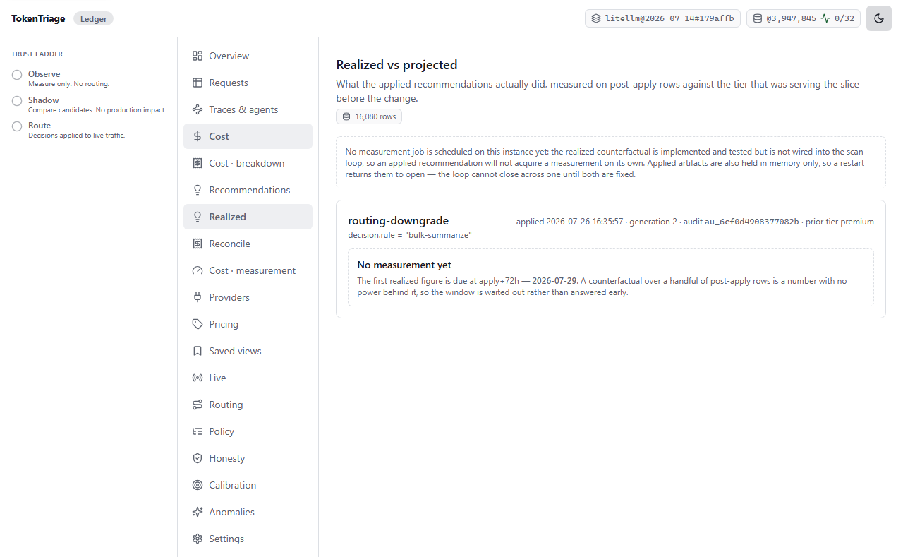 Realized view: what an applied recommendation actually did, versus its projection, shown as separate measured figures.